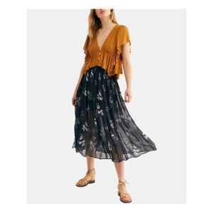 Free People Printed Lydia Floral Boho Illusion Midi Skirt NWT Large